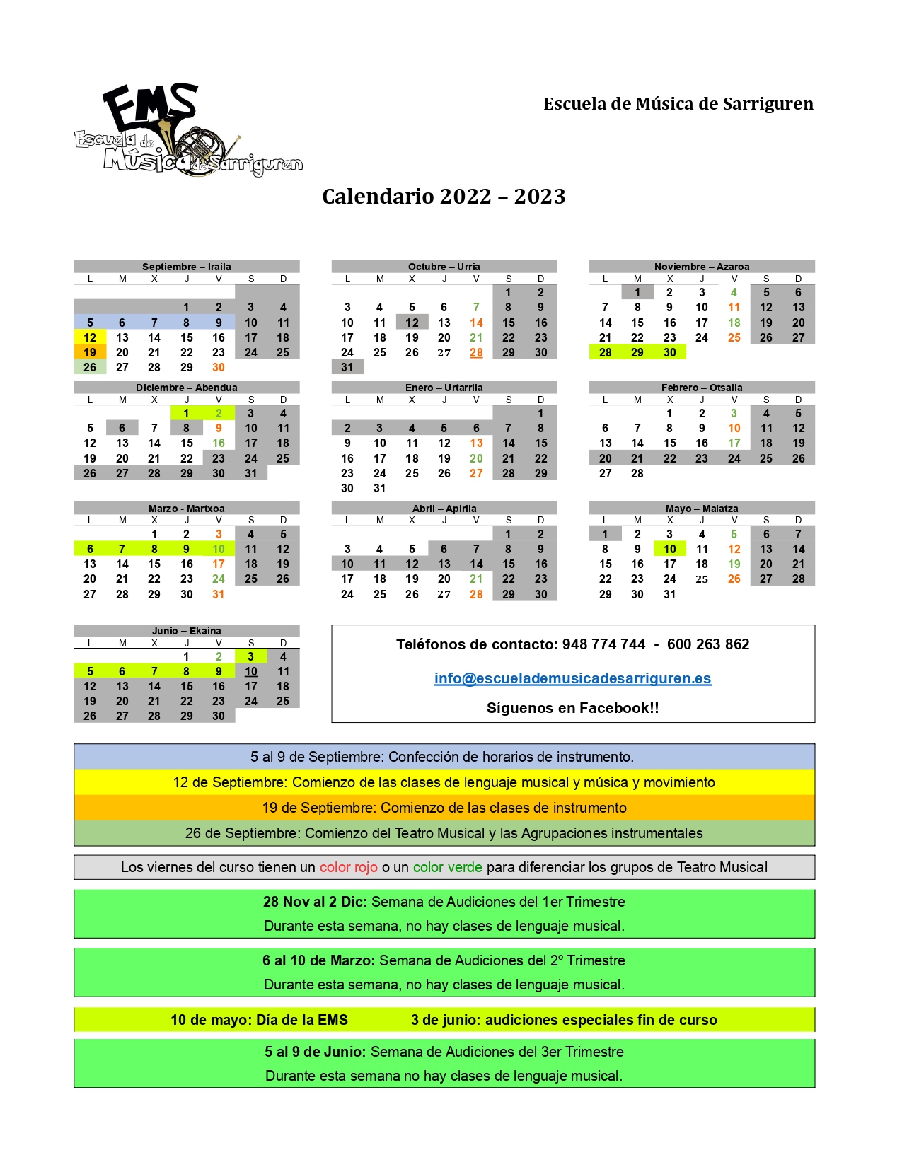 Calendario Escuela de Música de Sarriguren curso 2022 2023